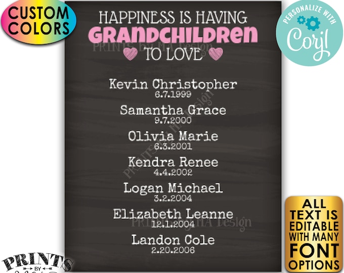 Grandparent Gift for Grandparents Grandma Grandpa, List of Grandkids, PRINTABLE Chalkboard Style Grandchildren Sign <Edit Yourself w/Corjl>