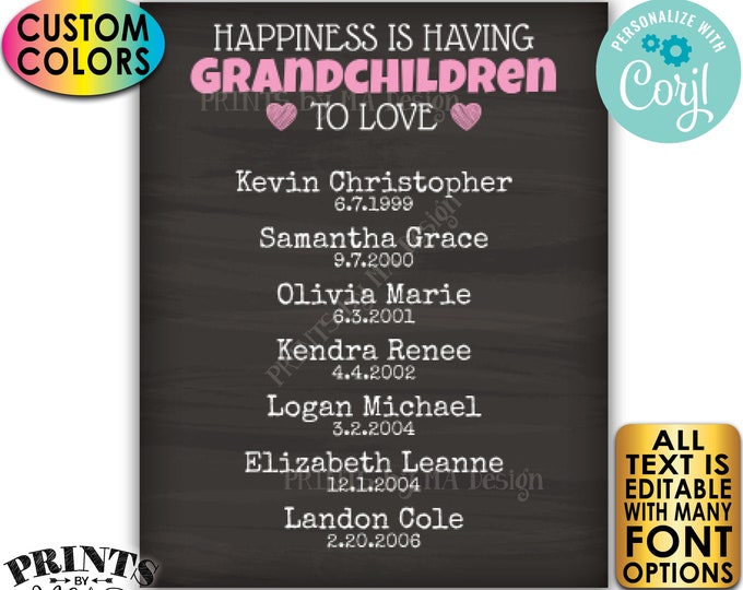 Grandparent Gift for Grandparents Grandma Grandpa, List of Grandkids, PRINTABLE Chalkboard Style Grandchildren Sign <Edit Yourself w/Corjl>