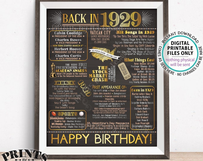 1929 Birthday Flashback Poster, Back in 1929 Birthday Decorations, ‘29 B-day Gift, PRINTABLE 16x20” B-day Sign <ID>