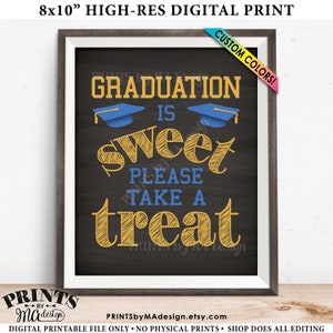 May include: 8x10 inch high-resolution digital print of a chalkboard sign with the text "Graduation is sweet, please take a treat" in yellow and blue. The sign features two graduation caps in blue and yellow.