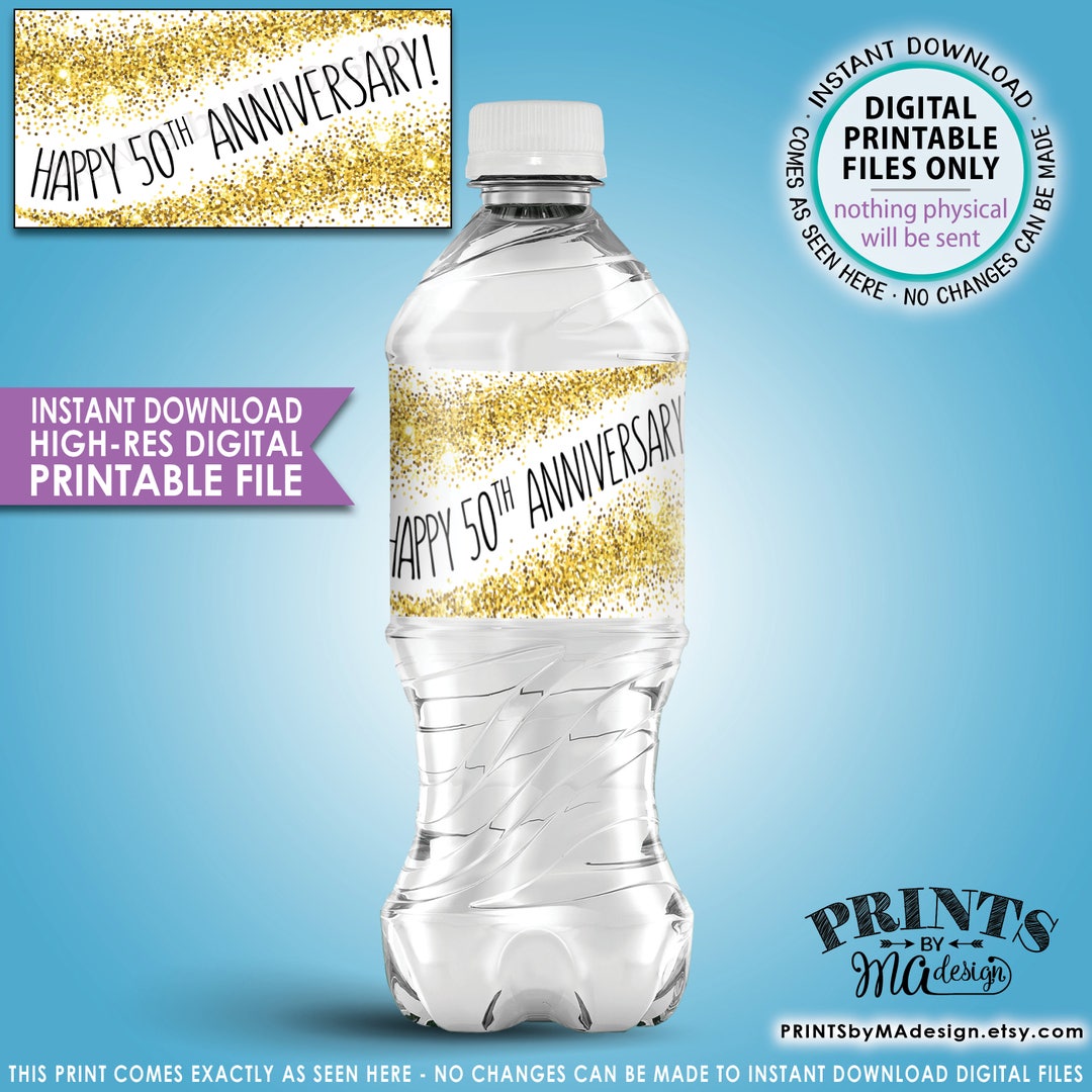 50th Anniversary Water Bottle Labels, Gold Glitter 50th Anniversary ...