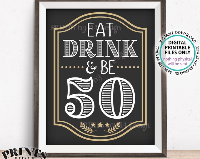 Eat Drink & Be 50 Sign, 50th B-day Party Decor, Cheers and Beers to 50 Years, Fiftieth Birthday, PRINTABLE 8x10/16x20” 50th Bday Sign <ID>