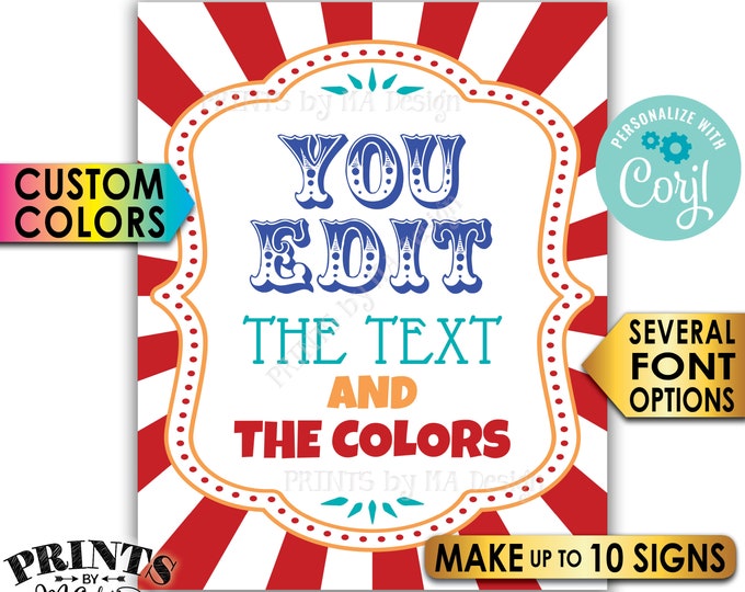 Custom Carnival Signs, Circus Birthday Party, Festival, Make Up to 10 PRINTABLE 8x10/16x20” Portrait Signs <Edit Yourself with Corjl>