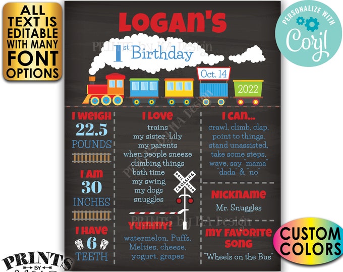 Train Birthday Poster, Train Theme Milestones Birthday Board, Bday Stats, Custom PRINTABLE Chalkboard Style Sign <Edit Yourself with Corjl>