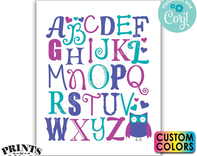 Owl Themed Alphabet Decor, Nursery Decoration, Baby Shower, Custom PRINTABLE 8x10/16x20” Sign <Edit Colors Yourself w/Corjl>