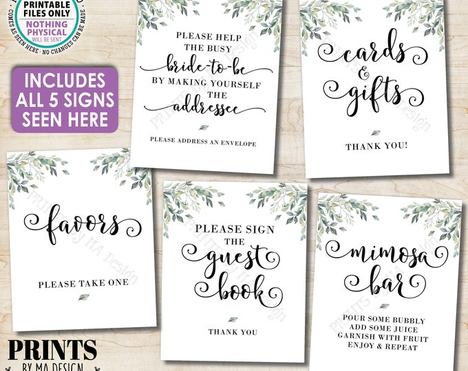 Bridal Shower Signs, Watercolor Leaves Greenery, Cards & Gifts, Guestbook Mimosa Favors Address Envelope, 5 PRINTABLE 8x10/16x20” Signs <ID>