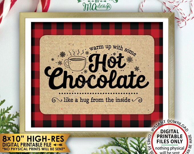 Hot Chocolate Sign, Lumberjack Sign, Warm Up with some Hot Chocolate, Red Checker Hot Cocoa Sign, Hug, Instant Download PRINTABLE 8x10” Sign