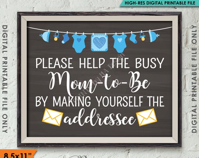 Address an Envelope Baby Shower Help the Mom-to-Be Address Envelope, It's a Boy, Blue Clothesline, Chalkboard Style PRINTABLE 8.5x11” <ID>