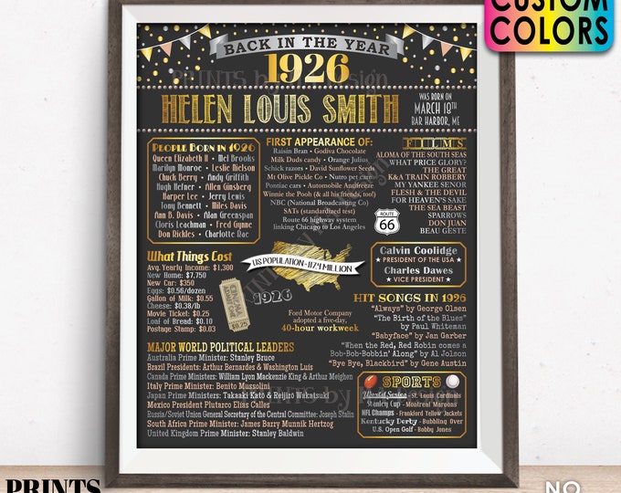 Back in the Year 1926 Birthday Sign, Flashback to 1926 Poster Board, 1926 Birthday Gift, Custom PRINTABLE 16x20” B-day Decoration