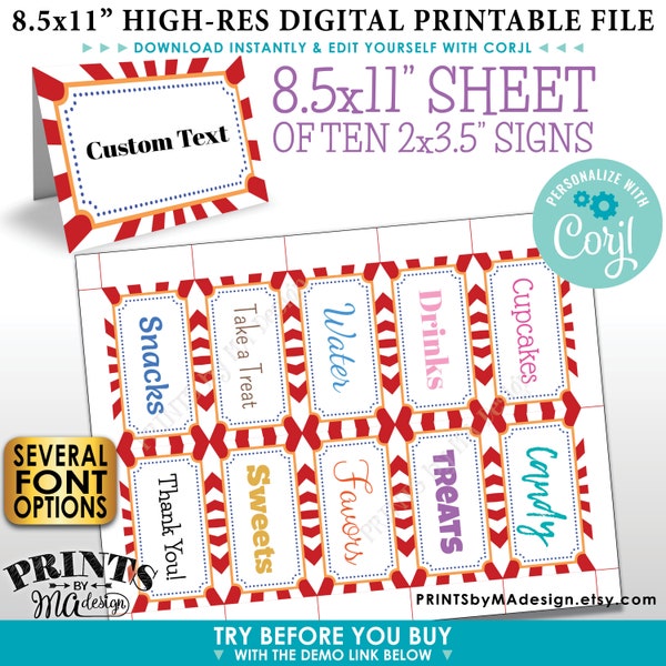 Carnaval Place Cards, Buffet Food Labels, Circus Birthday Party, One PRINTABLE 8.5x11" Sheet of 2x3.5" Labels <Modifiez-vous avec Corjl>