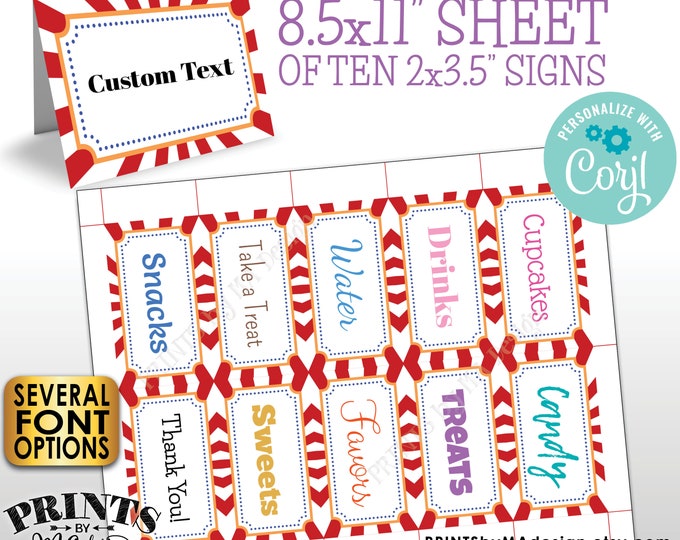 Carnival Place Cards, Buffet Food Labels, Circus Birthday Party, One PRINTABLE 8.5x11" Sheet of 2x3.5" Labels <Edit Yourself with Corjl>