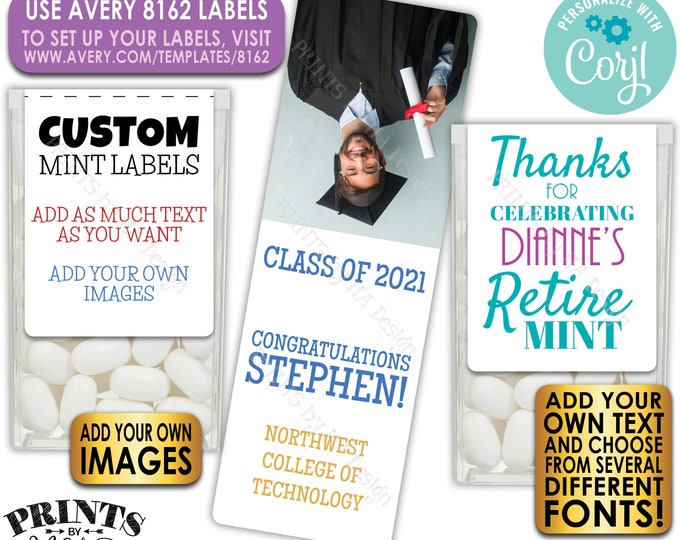 Custom Tic Tac Labels for Any Occasion, Mint Stickers with your own Text & Images, One PRINTABLE Avery 8162 Label <Edit Yourself with Corjl>