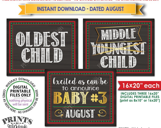Christmas Pregnancy Announcement, Oldest Middle Youngest, 3rd Baby is due in AUGUST Dated Chalkboard Style PRINTABLE Baby Reveal Signs <ID>