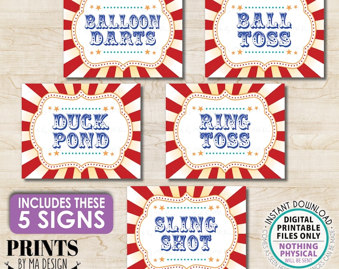 Carnival Games Bundle Pack, Ball Toss, Duck Pond, Balloon Darts, Ring Toss, Sling Shot, Five PRINTABLE 8x10/16x20” Game Signs <ID>