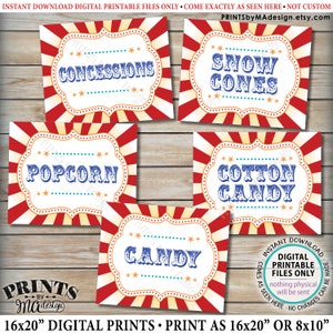 Carnival Food Signs, Food Carnival Theme Party, Snacks, Cotton Candy, Ice Cream, Circus Theme Party, PRINTABLE 8x10/16x20” Instant Downloads