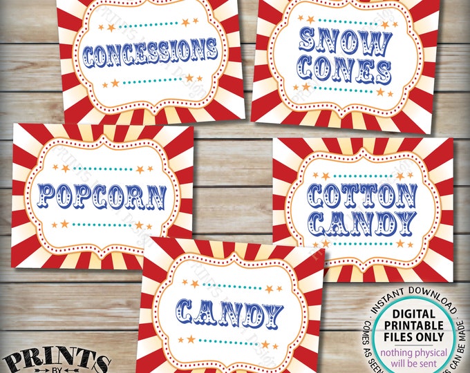 Carnival Food Signs, Food Carnival Theme Party, Snacks, Cotton Candy, Ice Cream, Circus Theme Party, PRINTABLE 8x10/16x20” Instant Downloads