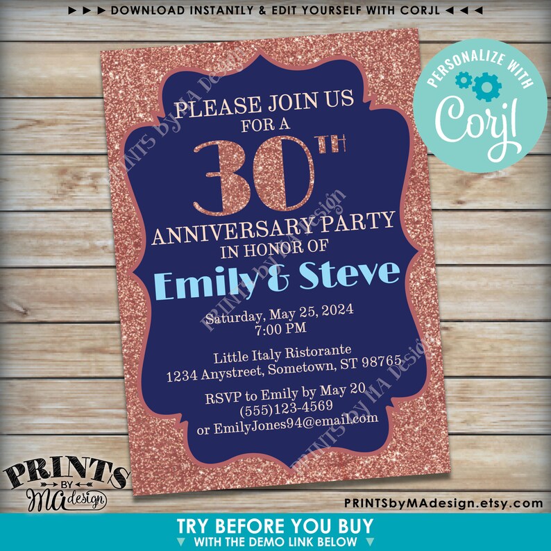 May include: A rose gold glitter background with a navy blue frame. The text "Please join us for a 30th Anniversary Party in honor of Emily & Steve" is written in white. The date and time of the party are listed below, along with the location and RSVP information.