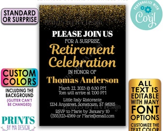 Editable Retirement Celebration Invite, Gold Glitter, Custom PRINTABLE 5x7" Retirement Party Invitation <Edit Yourself with Corjl>