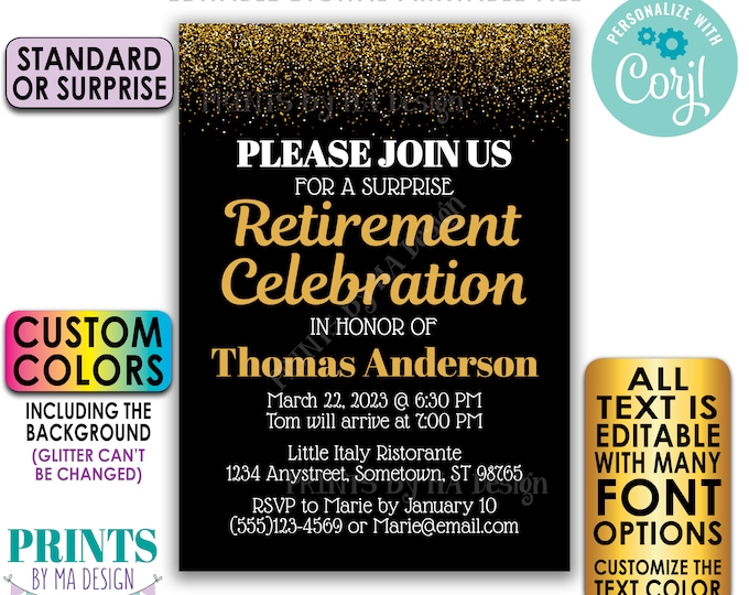 Editable Retirement Celebration Invite, Gold Glitter, Custom PRINTABLE 5x7" Retirement Party Invitation <Edit Yourself with Corjl>