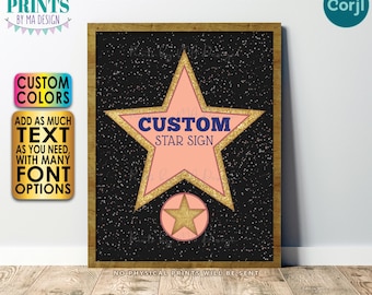 May include: A printable 8.5x11 inch digital file featuring a pink star with gold glitter on a black background with white glitter. The star has the text "CUSTOM STAR SIGN" in blue text. The file is editable and can be customized with Corjl.