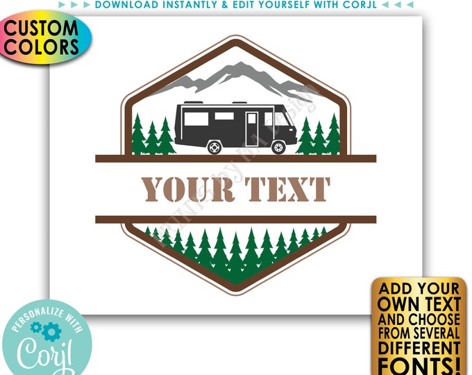 Custom Motorhome Camper Sign, RV Camping Adventure, Choose Your Text & Colors, PRINTABLE 8x10/16x20” Landscape Sign <Edit Yourself w/Corjl>