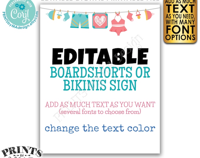 Editable Boardshorts or Bikinis Sign, Gender Reveal Party, Choose Your Text, One PRINTABLE 8x10/16x20” Portrait Sign <Edit Yourself w/Corjl>