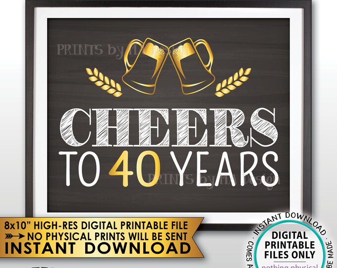 Cheers to 40 Years Birthday Party Decor 40th Birthday Party Decoration Anniversary, Gold & Chalkboard Style PRINTABLE 8x10” Instant Download