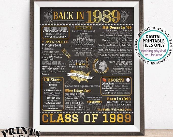 Back in 1989 Poster Board, Flashback to 1989 High School Reunion, Graduating Class of 1989 Reunion Decoration, PRINTABLE 16x20” Sign <ID>