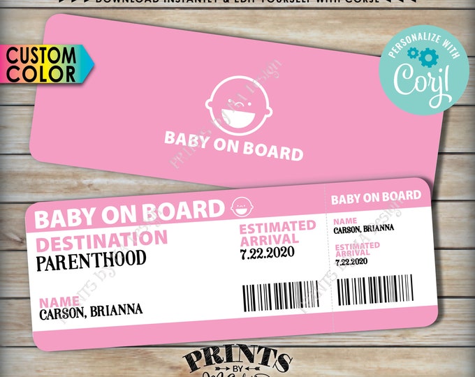 Baby on Board Pregnancy Announcement, Airline Ticket Boarding Pass, PRINTABLE 8.5x11" file <Edit Yourself with Corjl>