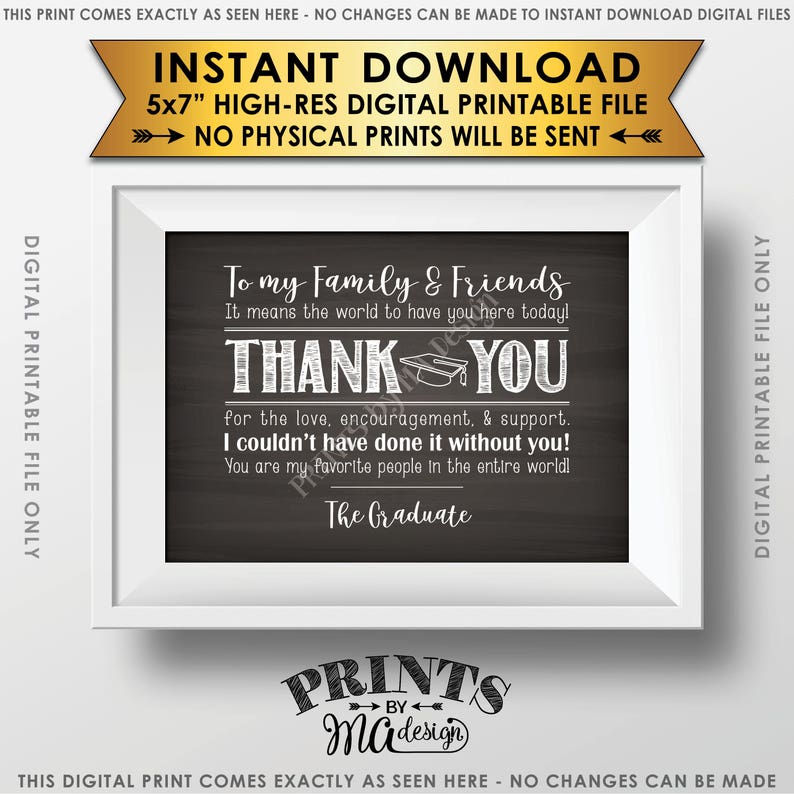 Graduation Party Thank You Sign, Thank You Card from the Graduate, PRINTABLE 5x7 Chalkboard Style Graduation Party Decoration ID image 1