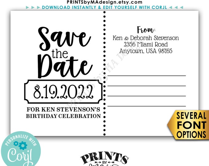 Save the Date Postcard for Any Celebration, Postcard Back Side, Custom PRINTABLE 4x6" Save the Date Card <Edit Yourself with Corjl>