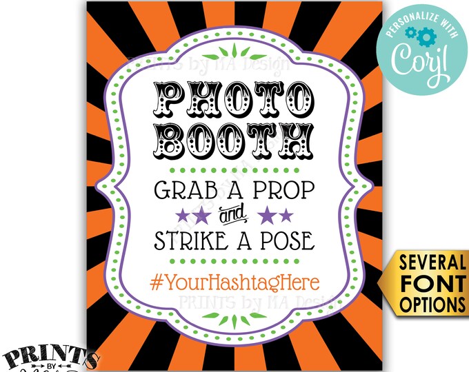 Halloween Hashtag Sign, Grab a Prop & Strike a Pose, Carnival/Circus Party, PRINTABLE 8x10/16x20” Photobooth Sign <Edit Yourself with Corjl>