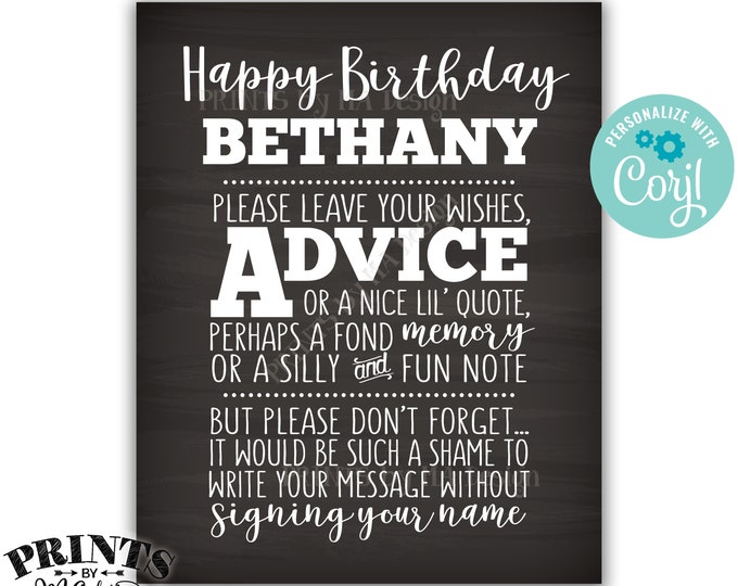 Please Leave Your Advice Wish Memory Message, Birthday Party PRINTABLE 8x10” Chalkboard Style B-day Sign <Edit Yourself with Corjl>