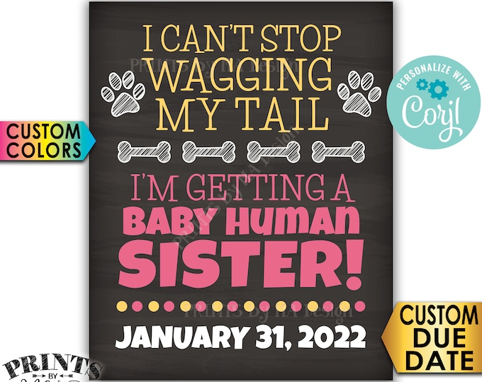 Dog Gender Reveal Sign, I'm Getting a Baby Human Sister, PRINTABLE Chalkboard Style Pregnancy Announcement Sign <Edit Yourself with Corjl>