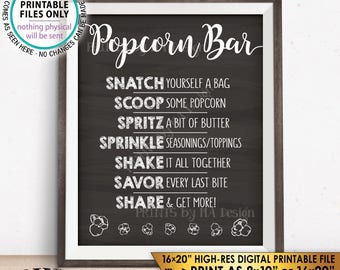 Popcorn Bar Sign, Popcorn Toppings, Make Your Own Snack Directions, Salty or Sweet, PRINTABLE 8x10/16x20” Chalkboard Style Sign, <ID>