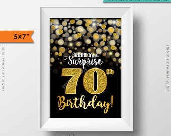 Surprise Birthday Invitation 70th Black & Gold Glitter Bokeh 70th B-day Turning Seventy Invite, PRINTABLE 5x7” Sign <ID>