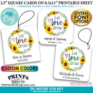 Let Love Grow Tag, Semi di girasole Bomboniere, Carte quadrate personalizzate da 2,5", File stampabile digitale 8,5x11", <Modifica te stesso con Corjl>