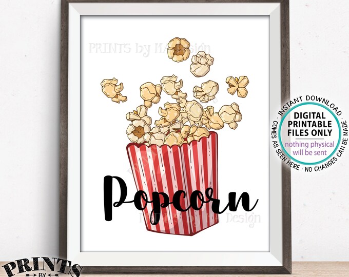 Popcorn Sign, Drawing of Popcorn, PRINTABLE 8x10” Sign <ID>