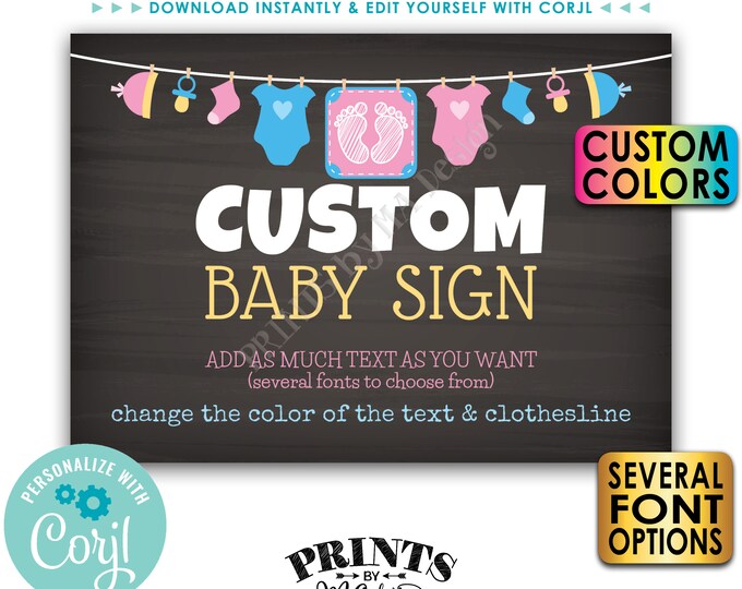 Custom Baby Shower Sign, Choose Your Text & Colors, Clothesline, PRINTABLE 5x7” Chalkboard Style Landscape Sign <Edit Yourself with Corjl>