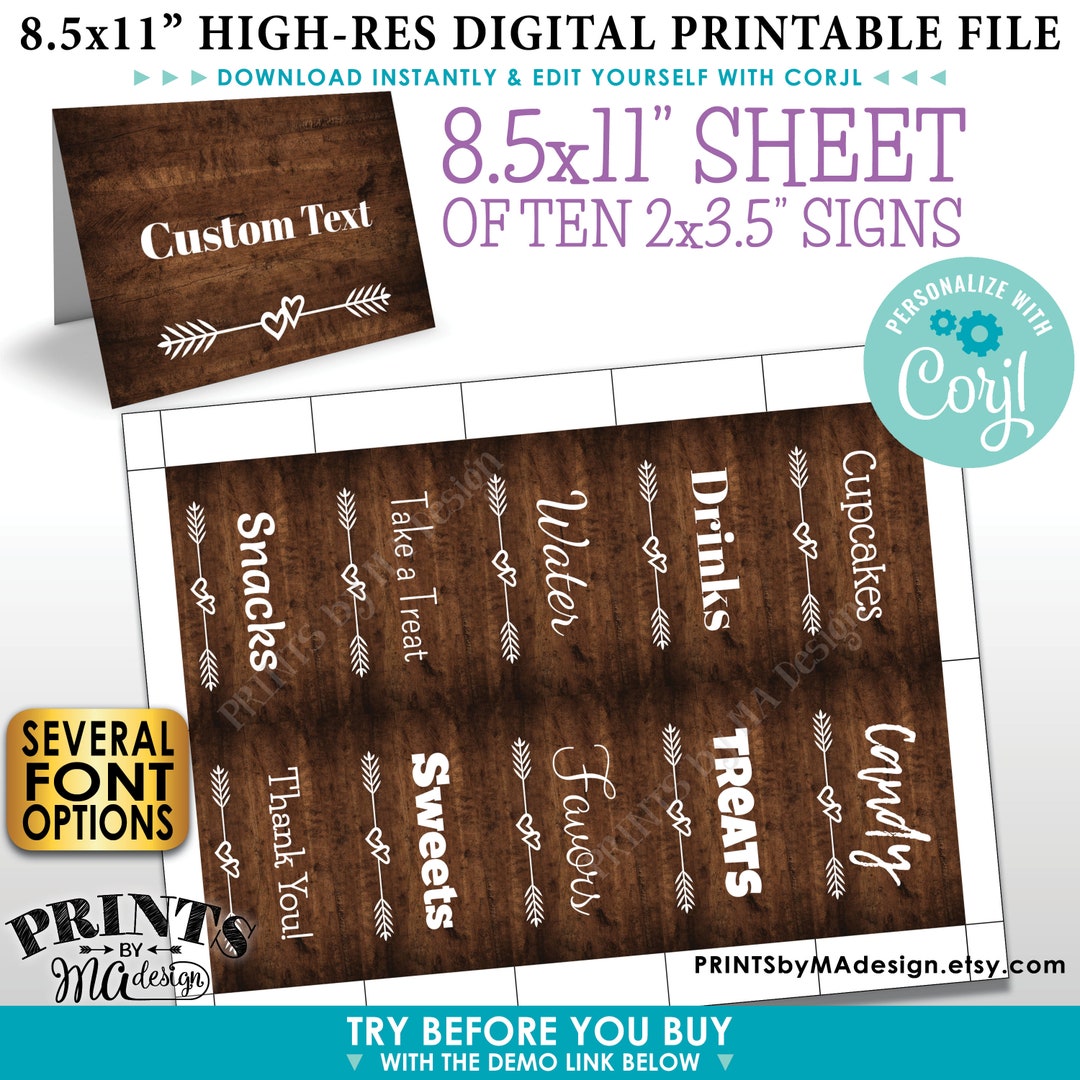 Custom Rustic Wood Style Place Cards, Buffet Food Labels, Heart Arrow ...