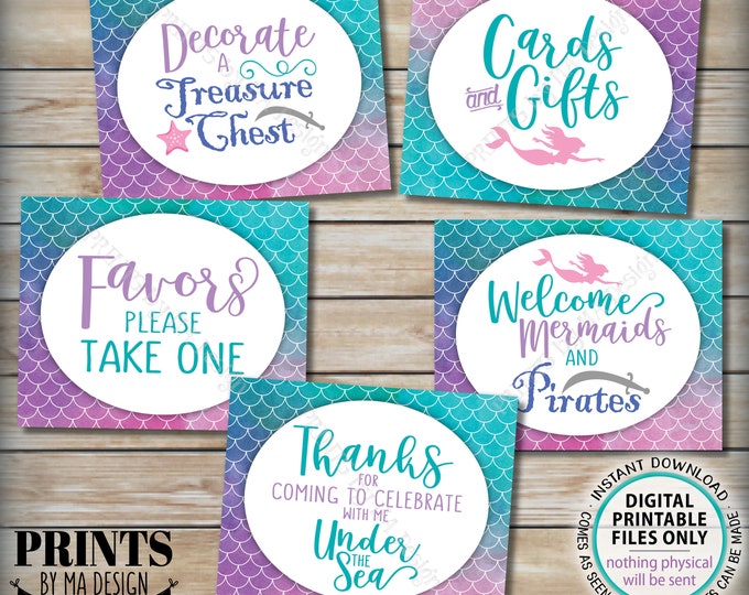 Mermaid and Pirate Party Signs, Under the Sea Cards & Gifts Mermaid Birthday Party Bundle, Five PRINTABLE 8x10” Watercolor Style Signs <ID>