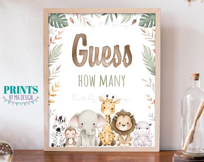 Guess How Many Sign, Guess the Number Baby Shower Game, Safari Baby Animals Guessing Game, PRINTABLE 8x10” Watercolor Style Sign <ID>