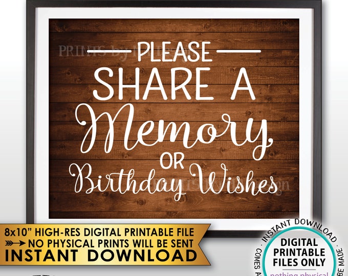 Share a Memory or Birthday Wishes Sign, Write a Memory Share Memories Rustic Wood Style PRINTABLE 8x10” Instant Download Birthday Party Sign