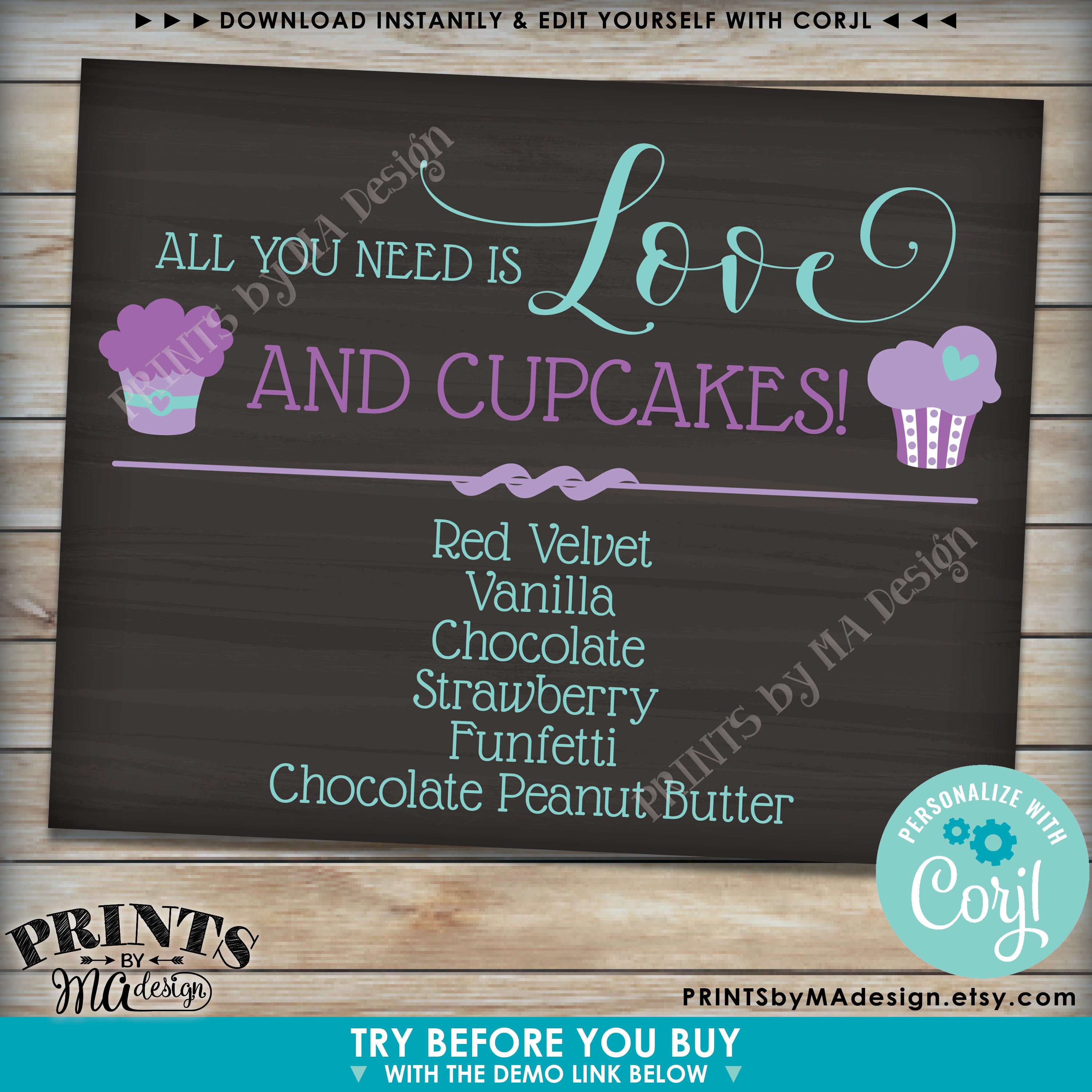 Cupcake Menu Sign, Wedding Cake Flavors, PRINTABLE 8x10/16x20