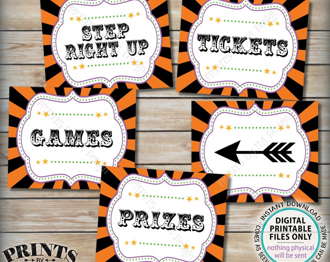 Halloween Carnival Signs, Carnival Games, Prizes, Tickets, Arrow, Carnival Bundle Pack, Circus Party, Five PRINTABLE 8x10/16x20” Signs <ID>