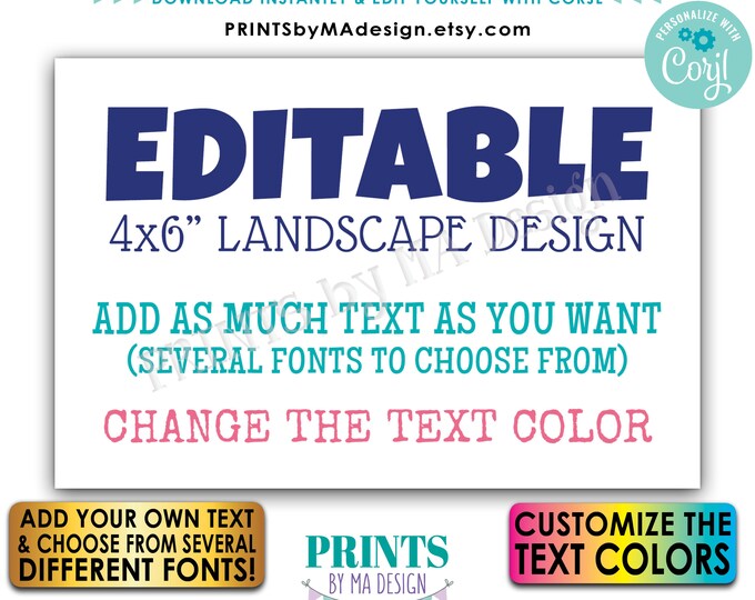 Editable 4x6 Card or Sign, Choose Your Text & Text Colors, One Custom PRINTABLE 4x6” Landscape Sign <Edit Yourself with Corjl>