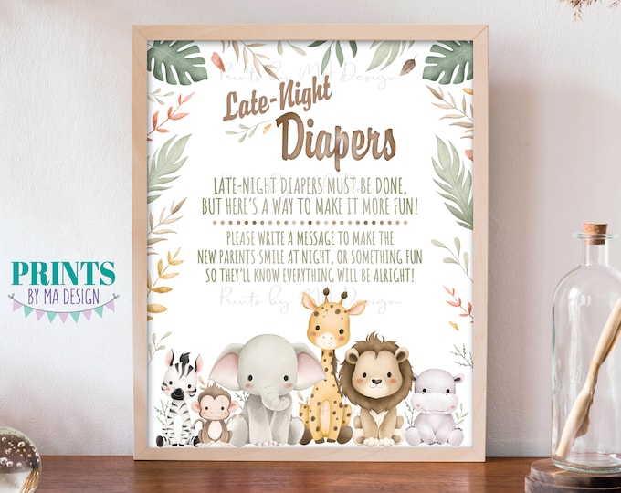 Late Night Diapers Sign, Late-Night Diaper Thoughts, Baby Shower Game, Safari Baby Animals, PRINTABLE 8x10” Watercolor Style Sign <ID>