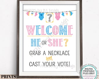Gender Reveal Sign, He or She? Grab a Necklace and Cast Your Vote Gender Reveal Party, Vote Pink/Blue, Boy/Girl, PRINTABLE 8x10” Sign <ID>