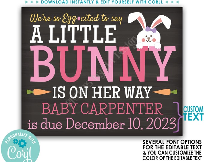 Easter Gender Reveal Pregnancy Announcement, A Little Bunny is on Her Way, Custom PRINTABLE Baby Girl Reveal Sign <Edit Yourself with Corjl>