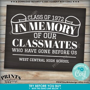 May include: Black and white chalkboard sign with the text "Class of 1972 In Memory of Our Classmates Who Have Gone Before Us West Central High School". The sign is decorated with a scroll design and a gear icon with the text "Personalize with Coryl".